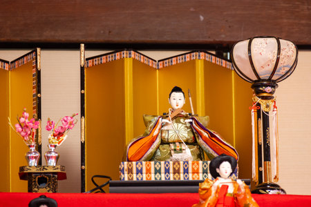 Hina dolls on the red carpet in japanese temple.の写真素材