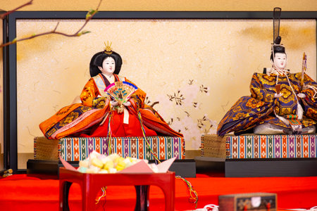 Hina dolls in traditional japanese dress on the red carpetの写真素材