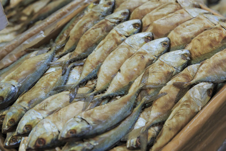 Dried or salted fish selling at local sunday marketの写真素材