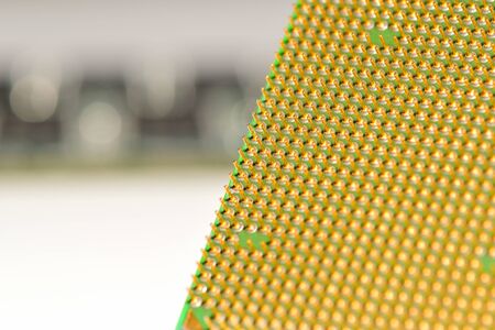CPU with a memory on the background. Central processor unit. Golden pins of a processor.