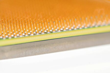Central processor unit. Golden pins of a core. Copy space. Shallow depth of field. Close-up.