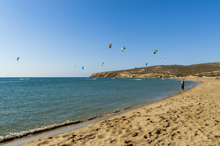 Prassonisi view of the beach with surfers in the backgroundの写真素材