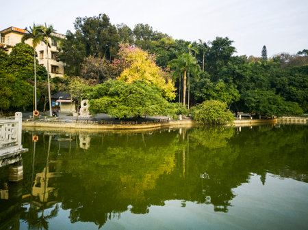 View of the pond in Sukhothai Historical Parkの写真素材
