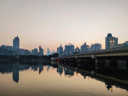 Sunset view of the river and cityscape in Chongqingの写真素材