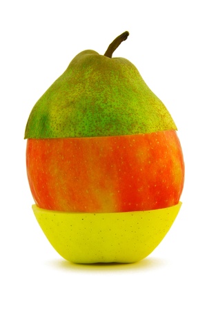 Interesting composition of fruit from green and red apples and pear, isolated on whiteの写真素材