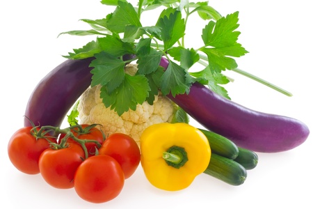 Group of vegetables (tomato, cucumber, eggplant, cauliflower, bell pepper) isolated on white backgroundの写真素材