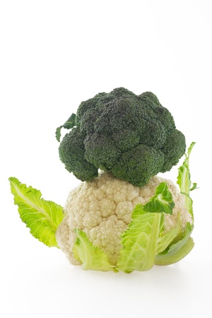 Cauliflower and broccoli stack isolated on white backgroundの写真素材