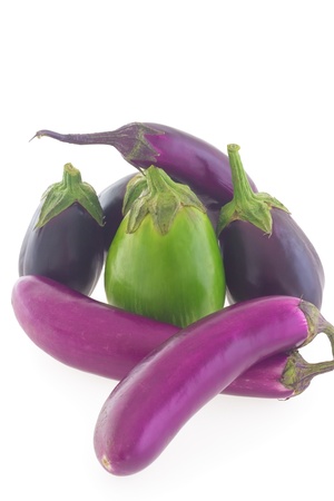 Group of different shape and color eggplants (aubergines) isolated on white background.の写真素材