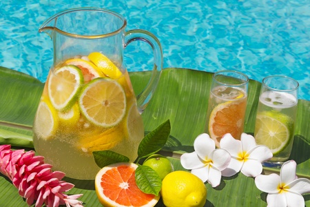 Two glasses and Jug of home made iced lemonade  on edge of swimming pool.の写真素材