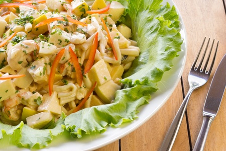 Fresh vegetable salad with potato, pasta, shrimps and red pepper   の写真素材