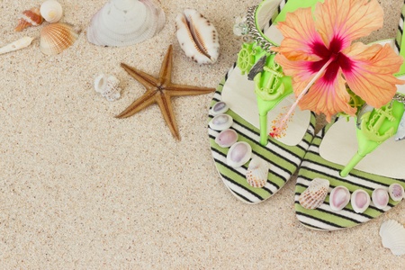 Sandals, seashells, and hibiscus flower on sand の写真素材