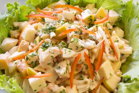 Fresh vegetable salad with potato, pasta, shrimps and red pepper   の写真素材