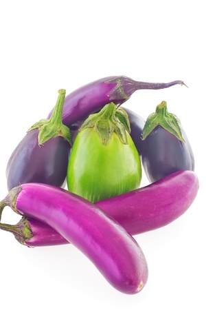 Group of different shape and color eggplant  aubergine  isolated on white の写真素材