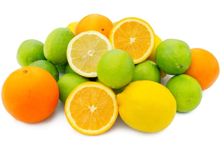 Orange, limes and lemon citrus fruits isolated on white backgroundの写真素材