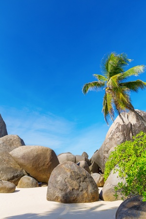 Seascape with large granite boulders and blue summer sky  Typical beach view of Seychellesの写真素材