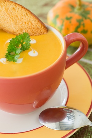 Pumpkin soup in orange bowl with bread slice and parsleyの写真素材