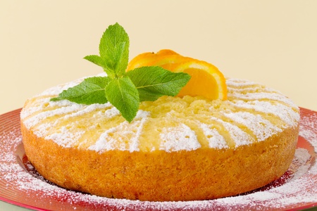 Home made whole testy orange cake, with mint decorationの写真素材