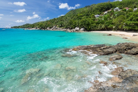 Exotic Heaven Seascape at Sunset beach, Mahe, Seychellesの写真素材