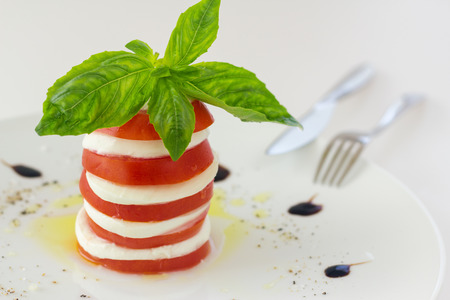 Tomato and mozzarella salad with basil decoration の写真素材