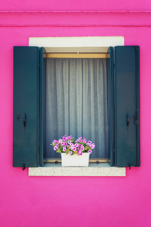 Picturesque windows with shutters of pink house on the famous island Burano, Venice, Italyの写真素材