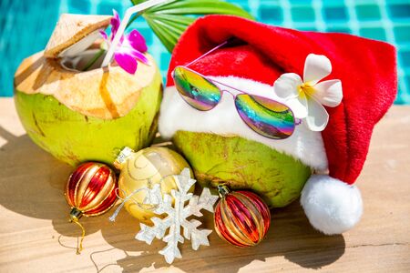 Coconut in Christmas Santa hat with festive decoration on side of swimming pool - Holiday tropical conceptの写真素材
