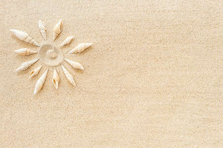 Sun made form seashells on clean sand, top view, copy spaceの写真素材