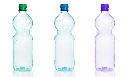 Three empty plastic bottle isolated on white backgroundの写真素材