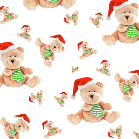 Christmas seamless pattern with cute teddy bears isolated on white backgroundの写真素材