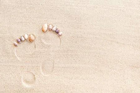 Bare man footprint on sand with seashells, top view, copy space