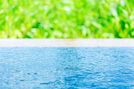 Blue swimming pool water and green lush background, selective focus