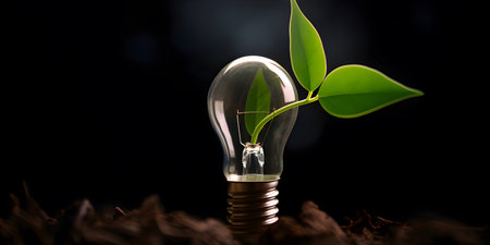 Eco friendly lightbulb with fresh leaves side view on fresh row soil, concept of Renewable Energy and Sustainable Living, copy space, AI generatedの素材