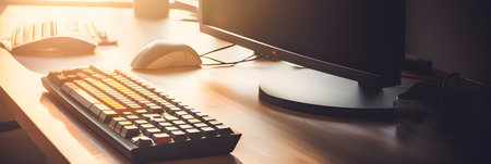 Desktop computer, keyboard and mouse in the Creative Modern Office, sunset light fron the window AI generatedの素材