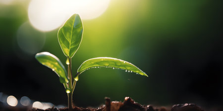 Young plant with drop of water in sunlight, Growing plant grow up, free copy space around, AI generatedの素材