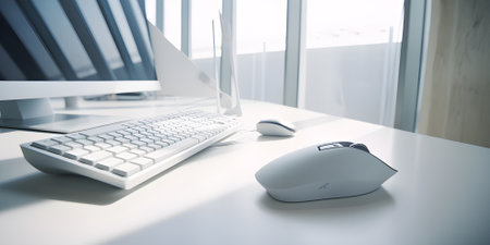 Desktop computer, white keyboard and wireless mouse in the Creative Modern Office, day light, Generative AIの素材