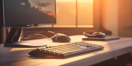 Desktop computer, keyboard and mouse in the Creative Modern Office, sunset light, copy space, Generative AIの素材
