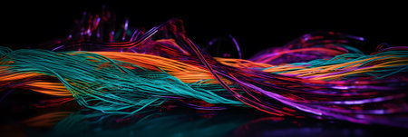 Multicolored electric cables and led, optical fiber background for technology image and new business trends, AI generatedの素材