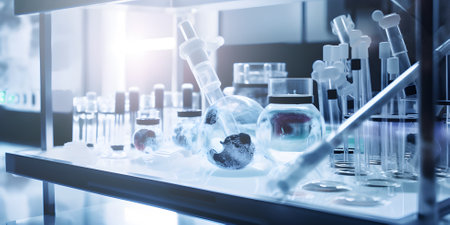 Medical or scientific laboratory equipment in a glass cabinet, modern design. Generative AIの素材