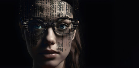 Realistic looking young women face with glasses made from binary code on black background, free copy space, AI generated.の素材