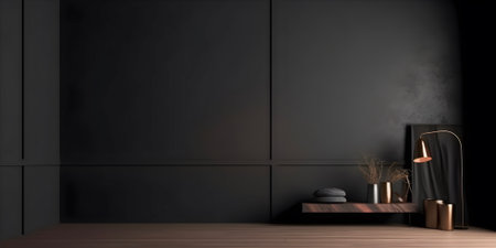 Modern dark home interior background, wall mock up, 3d render, free copy space. AI generated.の素材