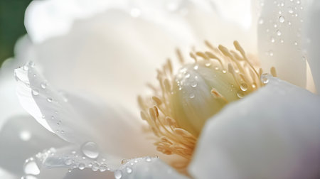 Elegant pastel white colour peony flower with water drops, close up, macro background, AI generatedの素材