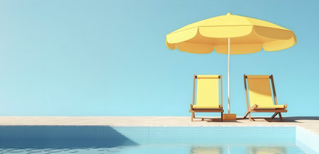 Swimming pool with beach umbrella and chairs. Yellow summer vacation concept. AI generatedの素材