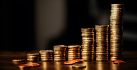 Stacks of coins on dark background, free copy space, Business finance and investment concept, AI generated.の素材