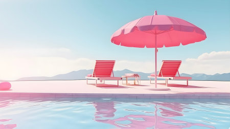 Swimming pool with pink beach umbrella and chairs. Pink summer vacation concept. AI generated.の素材