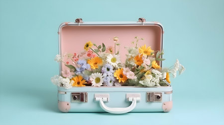 Suitcase filled with spring and summer flowers, pastel colour, creative positive lifestyle concept on blue background , AI generated.の素材