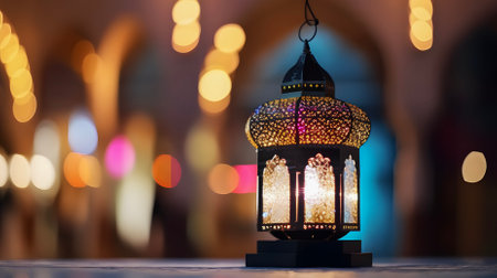 Original traditional ornate oriental lantern with beautiful bokeh of holiday lights at background, Muslim, Ramadan concept, AI generated.の素材
