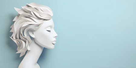 Paper art pretty white women face on pastel blue background, free space. AI generated.の素材