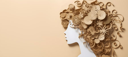 Paper art pretty women face on pastel beige background, free copy space. AI generated.の素材