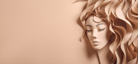 Paper art pretty women face on pastel beige background, free space, super sharp. AI generated .の素材