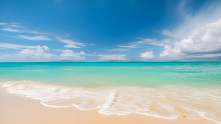 Beautiful tropical beach with white sand, turquoise ocean against blue sky, tropical summer concept. AI generated.の素材