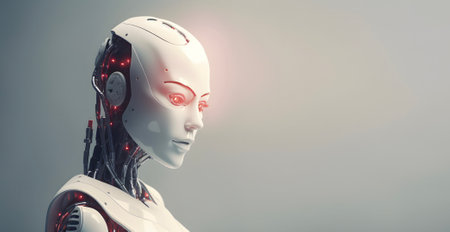 Female Robot portrait, technology concept, free copy space on grey background. AI generated.の素材